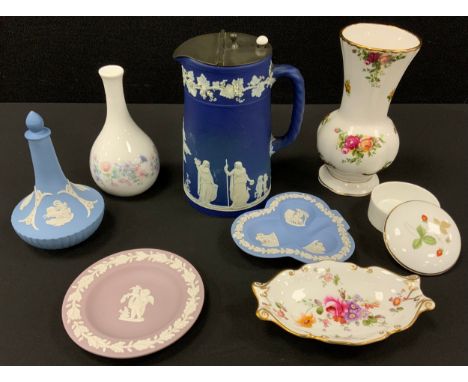 Wedgwood water jug, jasperware trinket trays, Royal Albert Old Country Roses vase; etc (8).