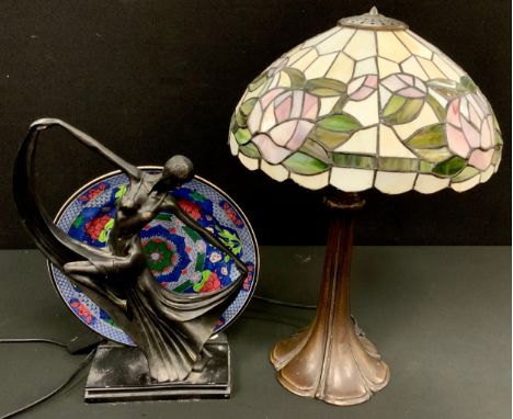Art deco style lamp of prancing lady, 36cm high; Tiffany style lamp, 47cm high (2).