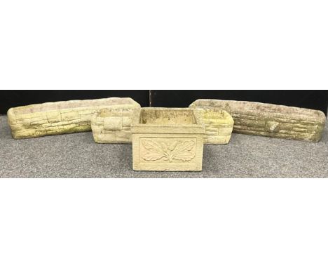 Three reconstituted stone garden troughs / planters, each measuring 15cm high x 80cm x 14cm;  and another, square planter, 22