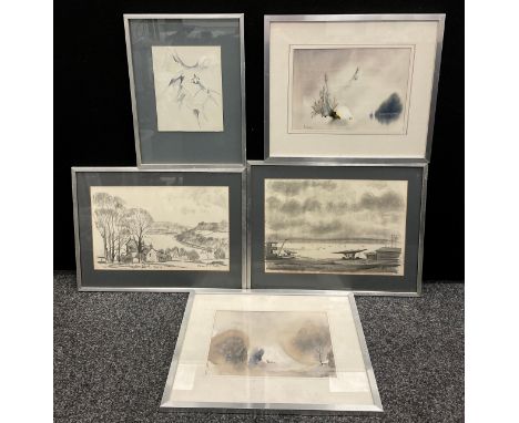 Edward S. Billin, a pair of pencil sketches, ‘No day for Sailing, Aldeburgh’, and ‘Over-looking Dam Flask’, each signed, date