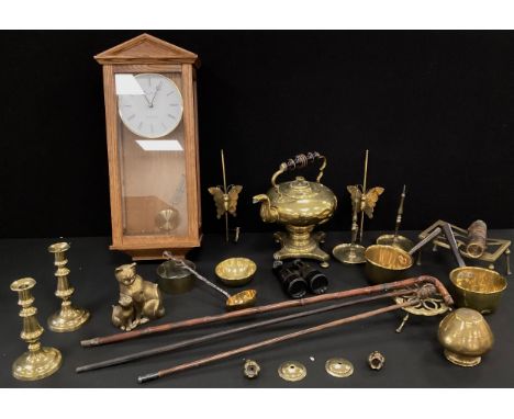 Box &amp; Objects - a selection of brass including candles sticks, saucepans, brass kettle on stand with ebonized wooden hand