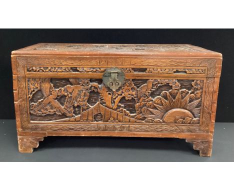 A Chinese carved camphor wood trunk, carved throughout with Birds amongst branches, Sunrise landscape with fence and trees, 4
