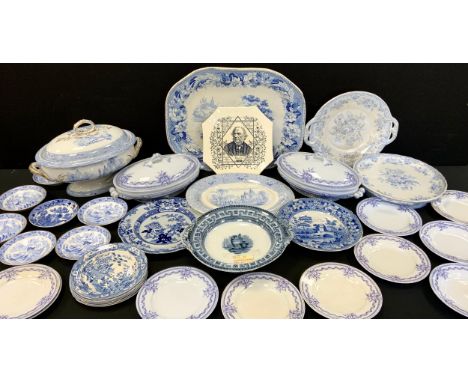 Blue and white - a set of six Pearlware side plates, Gothic castle pattern, c.1810, Alexandra part dinner service, purple pri