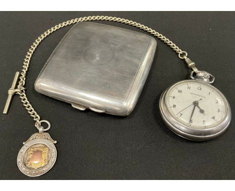 A silver cigarette case, stripped engine turned exterior, Birmingham 1917, 114g;  an Ingersoll pocket watch with unmarked whi