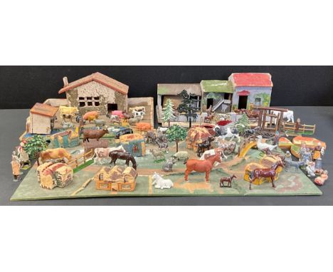 J. Hill and co., hollow cast painted animals, and vintage plastic animal models, along with a scratch built farm yard and bui