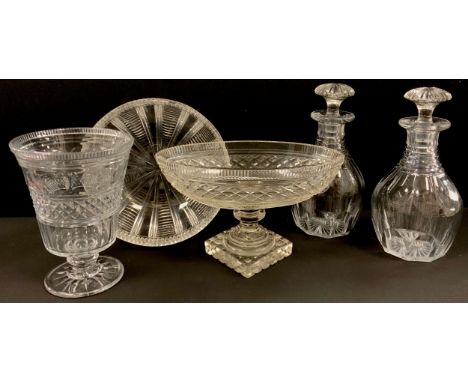19th century glassware including: fine cut glass fruit bowl, 23cm diameter, comport on square lattice cut plinth, 27cm long, 