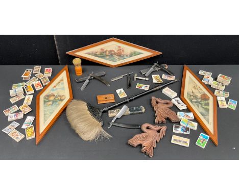 Boxes and Objects - A Trio of inlaid framed mezzotint prints with diamond shaped frames, Victorian brush, cigarette and tea c