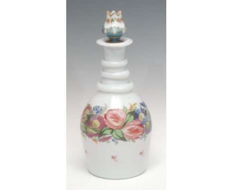 A Victorian Bristol camphor glass decanter, hand-painted in enamel with a band of flowers, the stopper picked out in gilt, 30