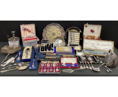 Plated ware including; three piece Walker and Hall tea set, set of six Art deco coffee spoons, another spoon sets, Elkington 