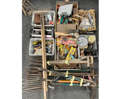 Tools - woodworking, garden, mechanical: Assorted wrenches; saws, metal filers, axe, compression tester, screwdrivers, drill 