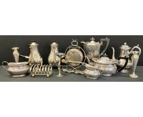 An Art Nouveau silver plated dinner gong, leafy stand, circular disk gong, wooden handled baton;  silver plated chocolate set