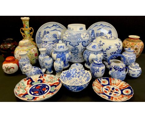 Oriental -20th century Chinese vases and ginger jars including; Chinese vase, 33cm high, pumpkin shaped ginger jar and cover,