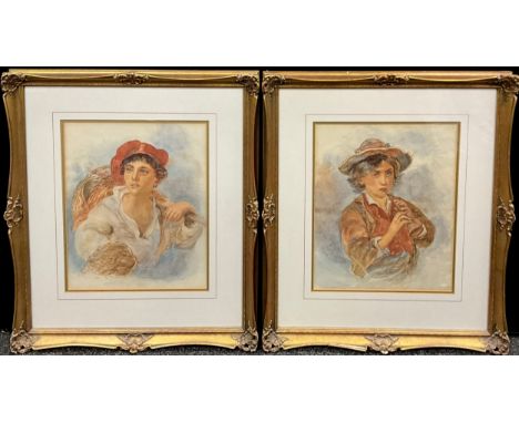 In the manner of Guido Bach (1828-1905), a pair, ‘The Young Wicker-worker’, and Boy playing Pipe, watercolours, unsigned, eac