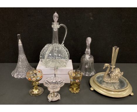 A 19th century Dutch glass decanter, 25.5cm high;  etched glass bell, encased bubble twist handle;  Theresienthal glasses;  a