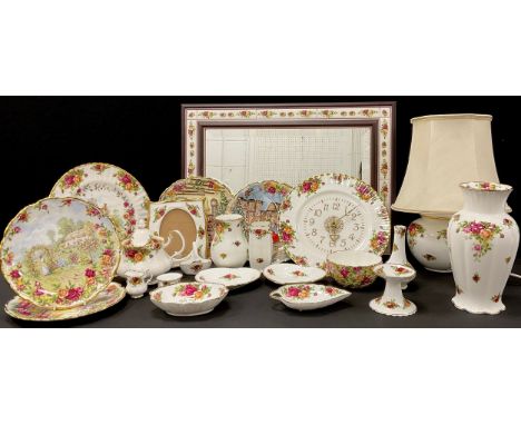 Royal Albert Old Country Roses ware including; table lamp, vases, trinket tray, decorative plates, clock; etc