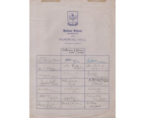  WORLD WAR II – BRITISH ARMY: A rare and unusual folio (11.5 x 14) blue printed sheet entitled Memorial Hall prepared by Hadl