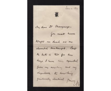  ROSEBERY EARL OF: (1847-1929) British Prime Minister 1894-95. A.L.S., with his initial R, one page, n.p., 4th January 1891, 