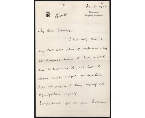  ROSEBERY EARL OF: (1847-1929) British Prime Minister 1894-95. A.L.S., with his initial R, two pages, 8vo, Mentmore, Leighton