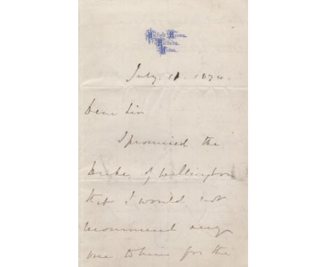  SALISBURY MARQUIS OF: (1830-1903) British Prime Minister 1885-86, 1886-92, 1895-1902. A.L.S., Salisbury, three pages, 8vo, H
