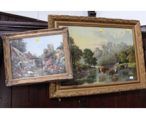 Gilt framed Victorian print of cattle in a river and church and cottage scene
