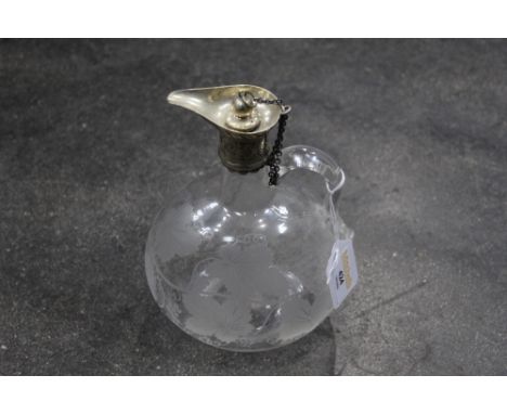 19th century flask with wine leaf etched design and white metal silver mounts