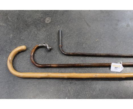 2 cane walking sticks with white metal mounts and a walking stick