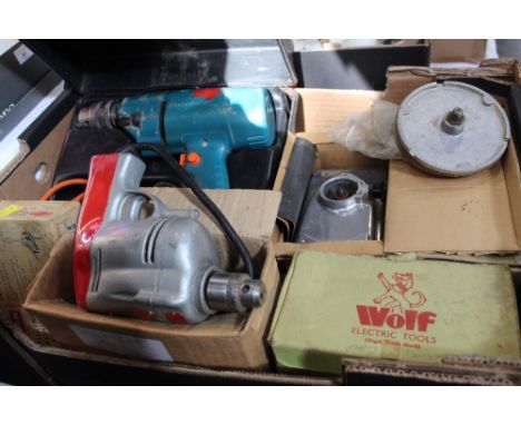Box of power tools, drill, orbitale sander and attachments etc