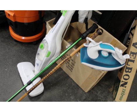 Morphy Richards power mop, walking stick, walking cane and steam iron 
