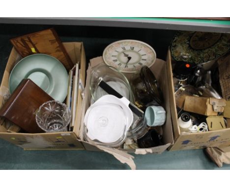 3 boxes of kitchenware, lamp, clocks, vases, books etc