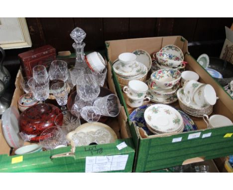 2 boxes of Royal Doulton decorative plate, part tea set, glassware, decanters etc