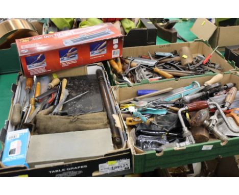 3 boxes of vintage hand tools, scribes, centre punches, wood carving chisels, rasps, Spear &amp; Jackson saw etc