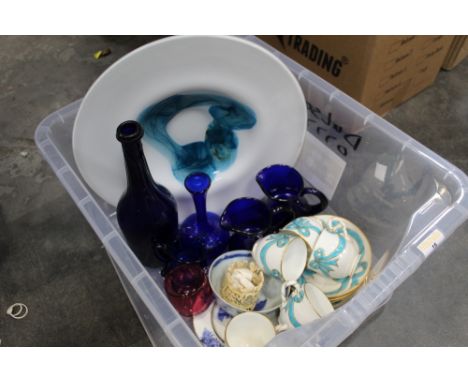 Large glass bowl, blue glass jugs and part tea set 