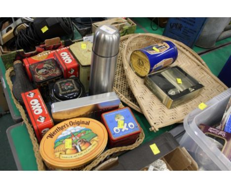 Collection of vintage tins, hip flask, powder flask, grain separators, etc,