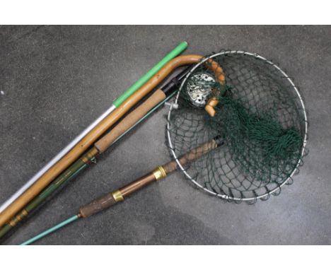 Bundle of fishing rods, walking stick and landing net 