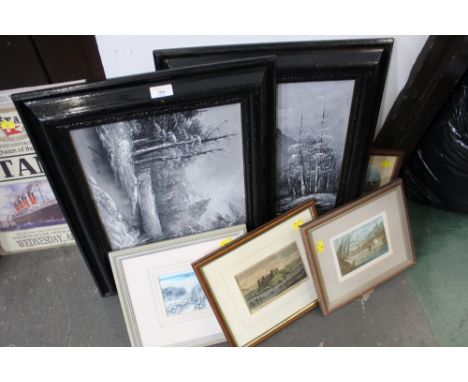 2 black framed oils of snow scenes, print of The North West View of Cockermouth Castle etc