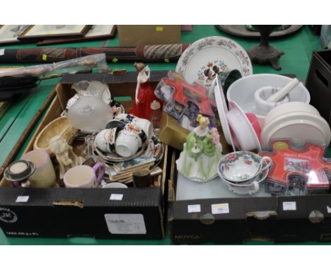 2 boxes of decorative plates, jigsaws, ornaments, part tea set, mortar and pestle etc