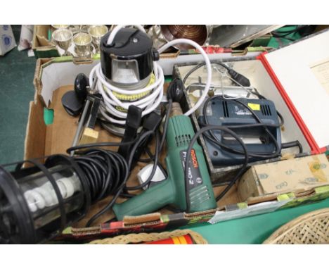 Box of power tools, router, hot air gun, jigsaw, inspection lamp etc
