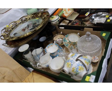 Box of Royal Vale part tea set, cabinet cups and saucers, glass lidded vessel, galleried tray and circular mirror