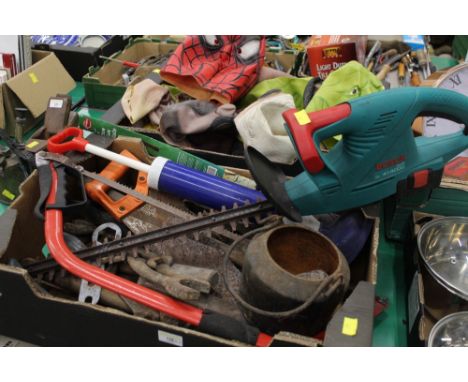 Box of Halloween masks and box of hand tools, hedge trimmer etc