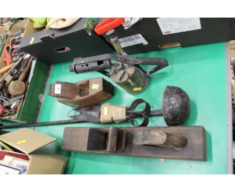 19th century cast iron ladle, sheep shears, 2 planes and blowtorch