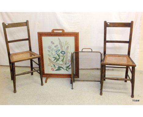 2 Rattan Oak chairs and spark guard and fire screen