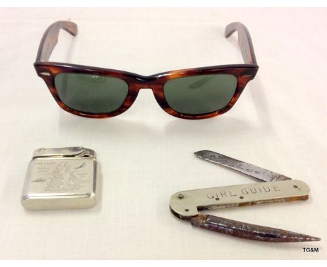 Three vintage items, a Petrol MyFlam lighter, a Girl Guide Penknife and a Pair of B & L Wayfairer RayBan sunglasses
