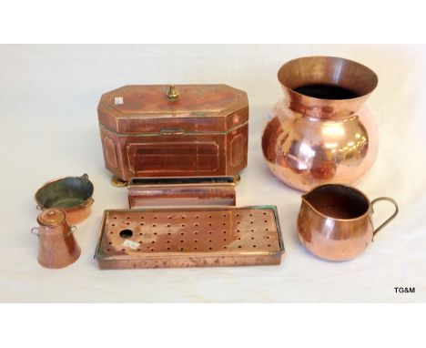 Copper tea caddy & 6 copper items