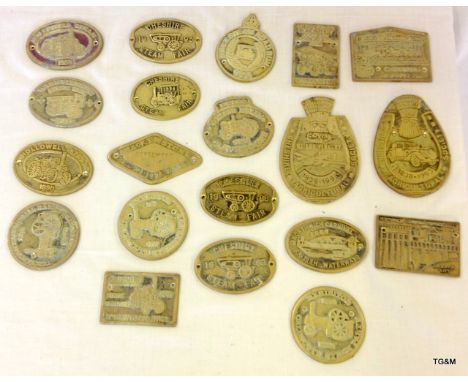 20 x Cast Brass Steam Traction Engine Exhibitor Plates including Hollowell, Caldecote, Cheshire, Wincanton, Claybrook