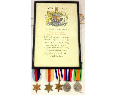A WW2 group of five medals including the France & Germany Star and his framed condolence letter awarded to Private CS Jenkins
