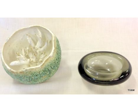 1961 Holmeguard smoked glass bowl and an Anthropologie abstract art ceramic bowl