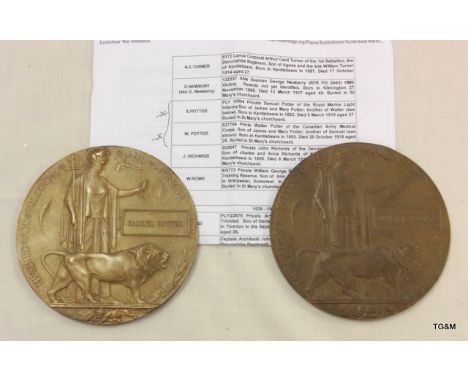 A pair of WW1 death plaques to 2 brothers. Samuel Potter of the Royal Marine Light Infantry died 5th March 1919, aged 37. Wal