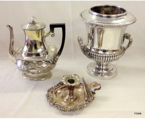 A silver plated large wine cooler, coffee pot and candlestick Old Sheffield plate c1825