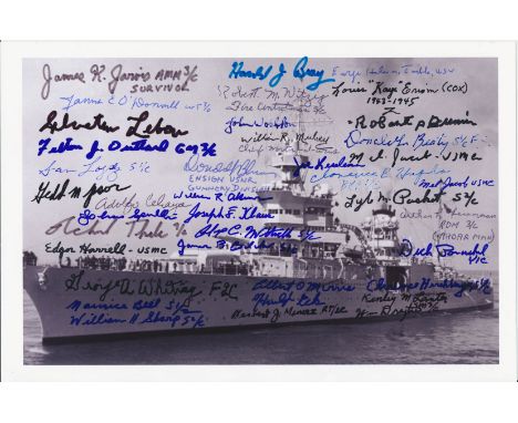 U.S.S. INDIANAPOLIS SURVIVORS Compelling signed photograph, 11 x 7.5 in. b/w, showing the ill-fated USS INDIANAPOLIS in a sid