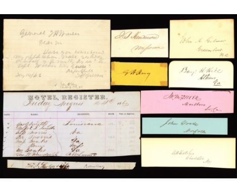 Ten signatures of Confederate supporters found on cards, cut signatures, partly-printed D.S. and a A.N.S. Signers include: JO